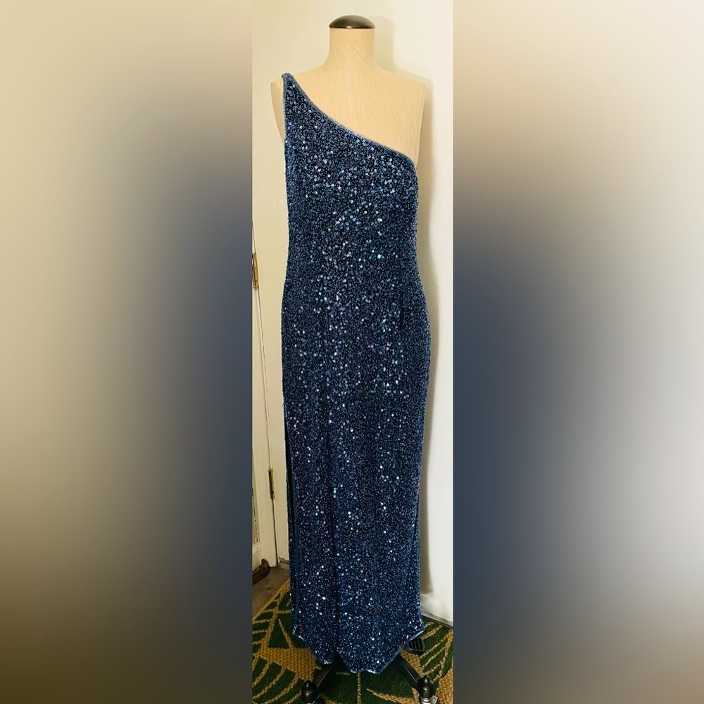 Vintage Blue Hand Beaded Scala Gown One Shoulder Open Weave Back XXL